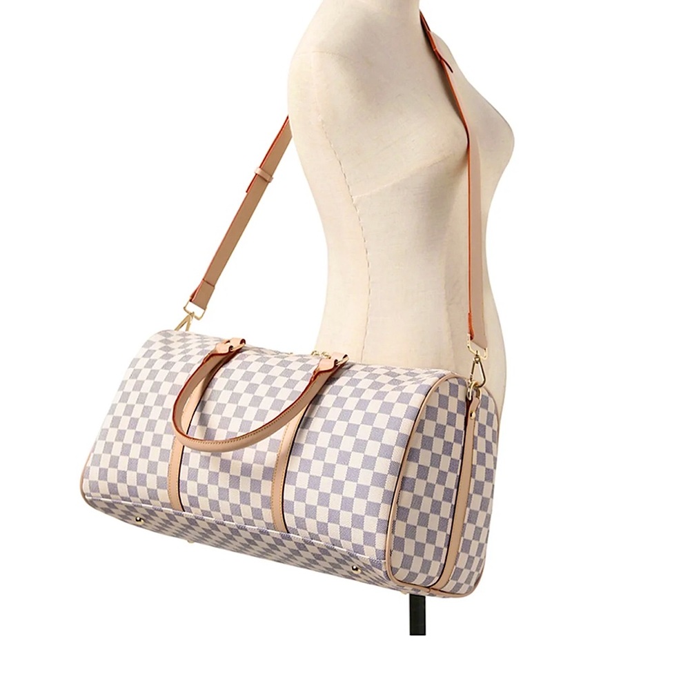 Canvas Checked Travel Duffle Bag with Tan Trim